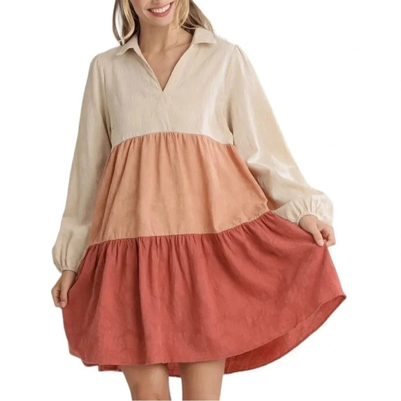 Umgee Dusty Coral Color Block Tiered Long Sleeve Shift Dress NWT - Picture 1 of 12